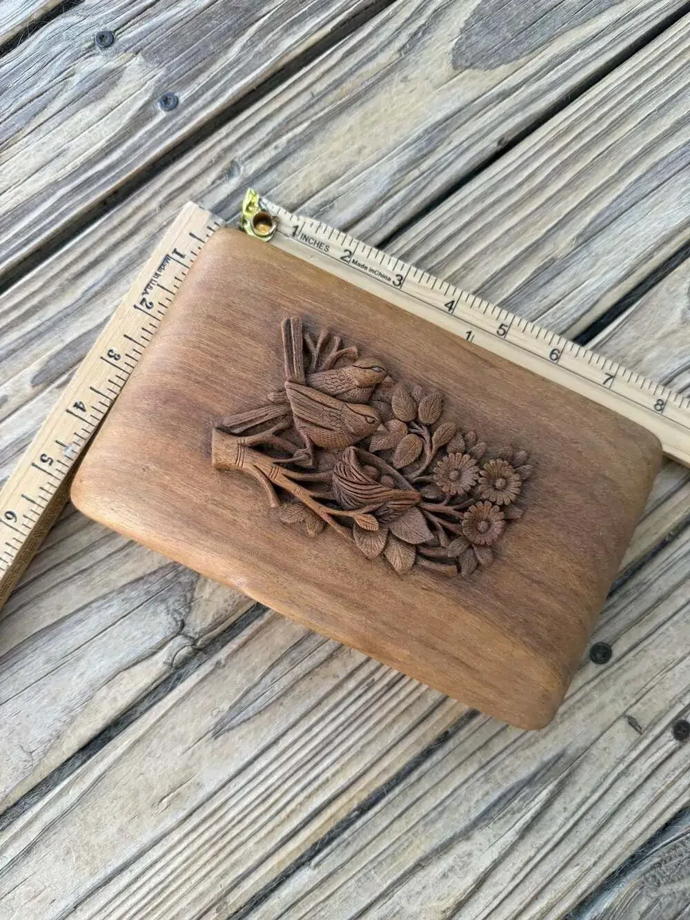 Vintage Hand-Carved Wooden Jewelry Keepsake Box with Bird and Nest Motif